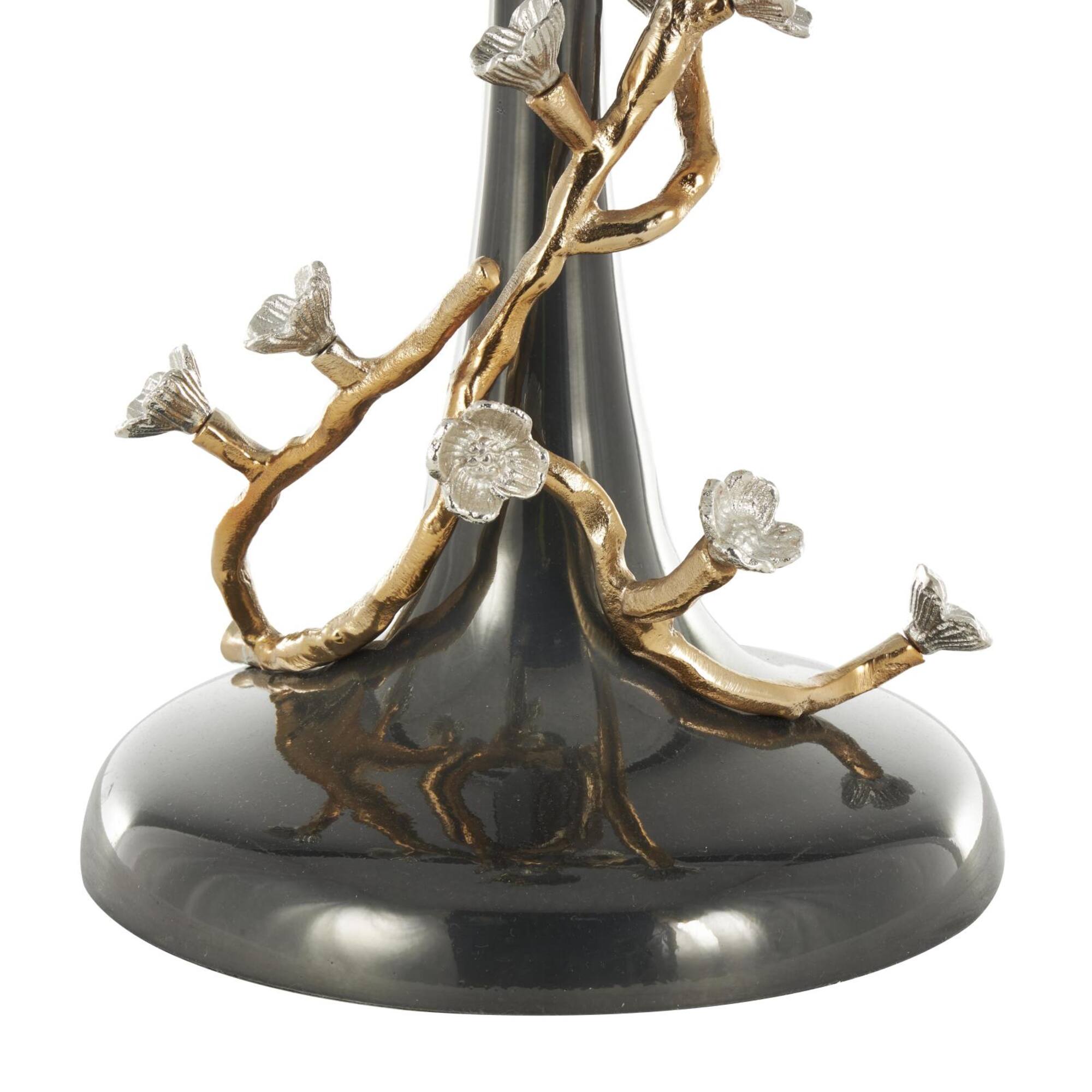 22.75" Black Aluminum Floral Twisted Vine Accent Table with Gold & Silver Accents & Glass Tabletop